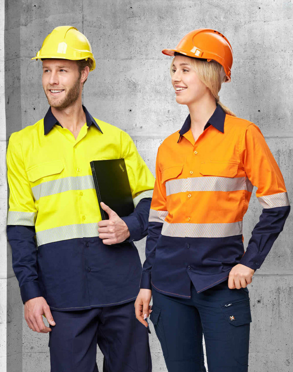 A yellow and navy long-sleeve safety shirt and an orange and navy long-sleeve safety shirt, both with segmented tape, worn by models.