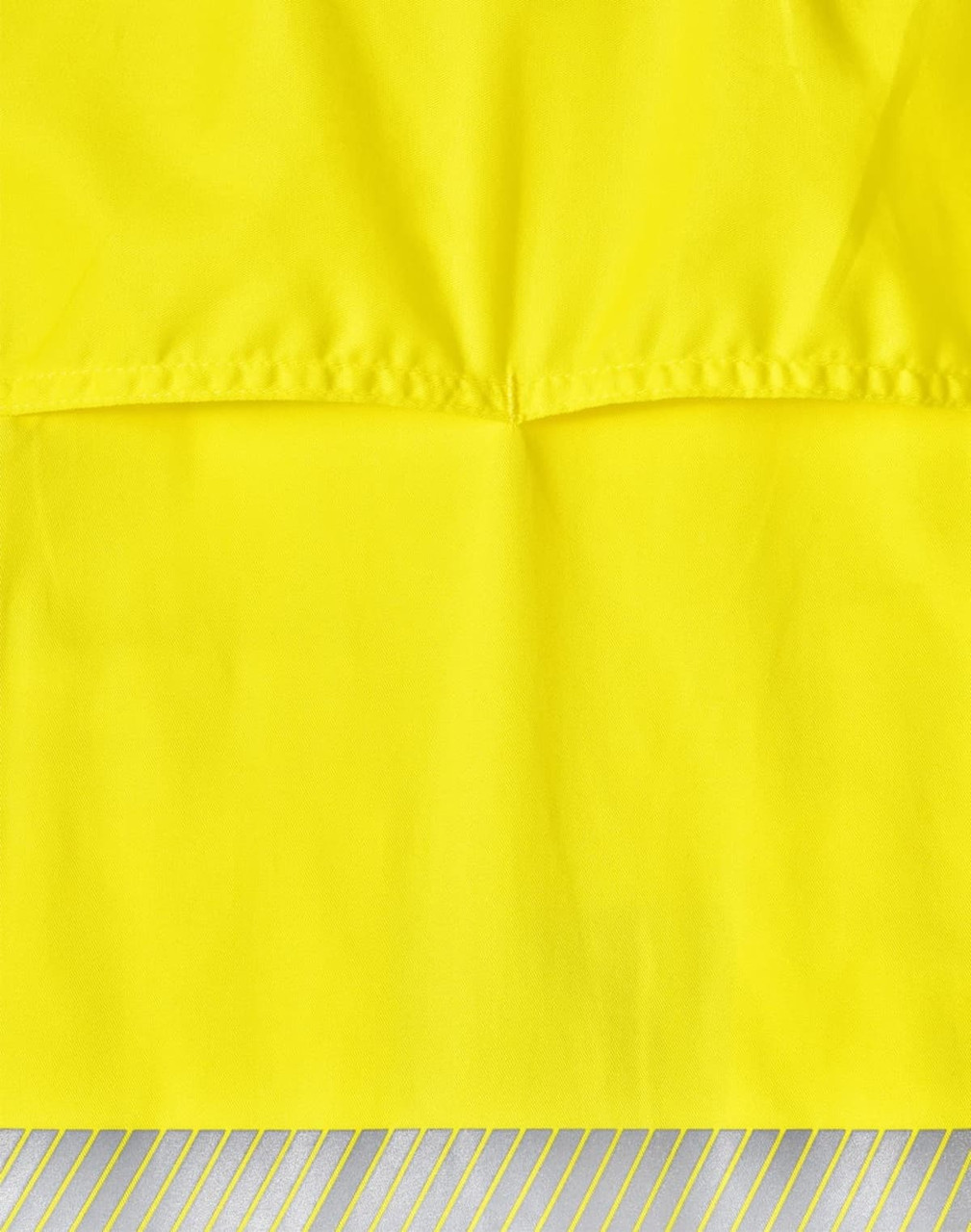 A bright yellow long-sleeve safety shirt featuring segmented reflective tape at the bottom. It includes a logo.