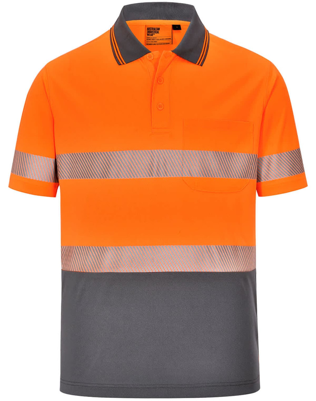 A vibrant orange and grey polo shirt with reflective strips and a chest pocket, featuring a logo.