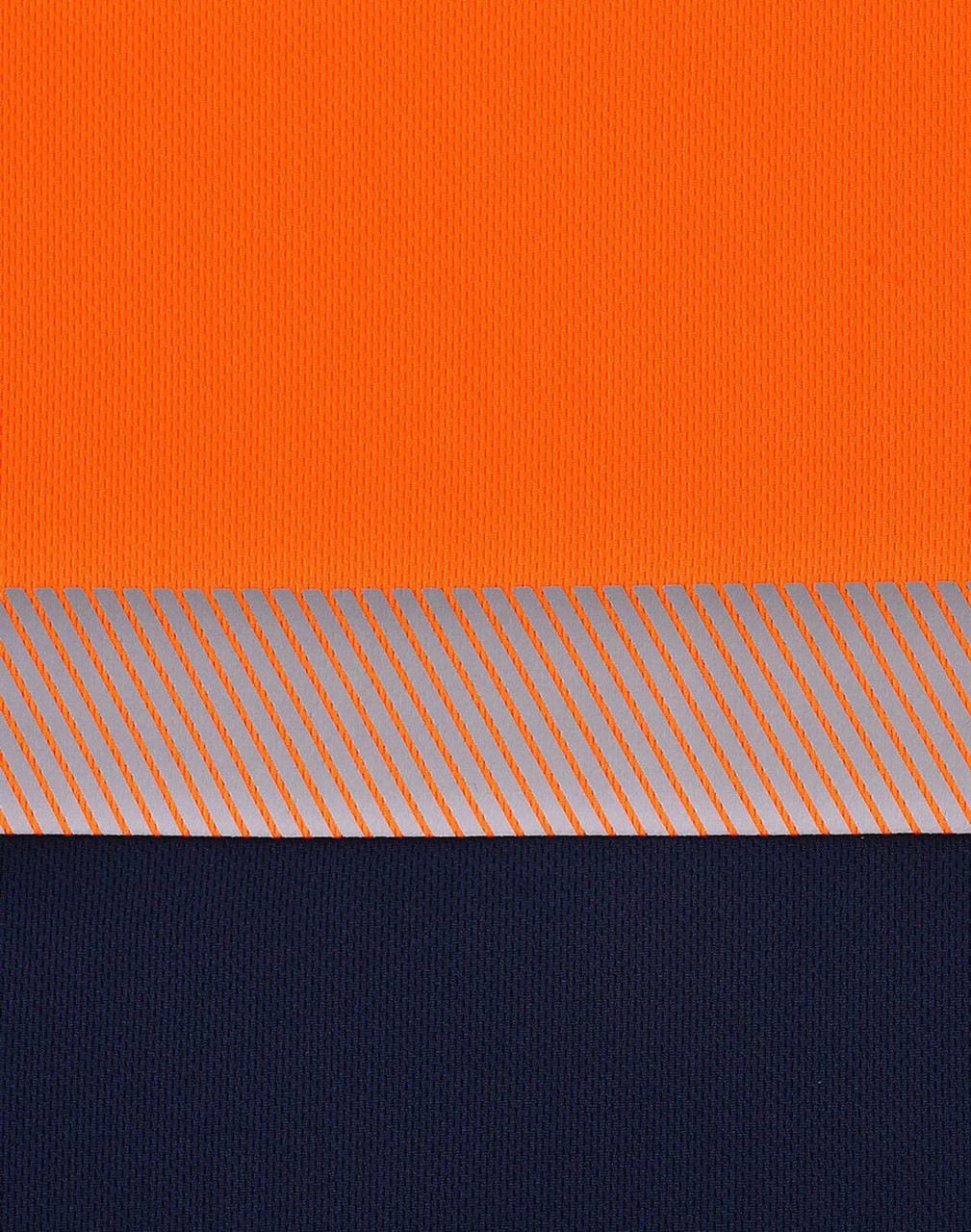 Unisex Cooldry segmented safety polo featuring an orange upper section and a navy lower section with a striped pattern.