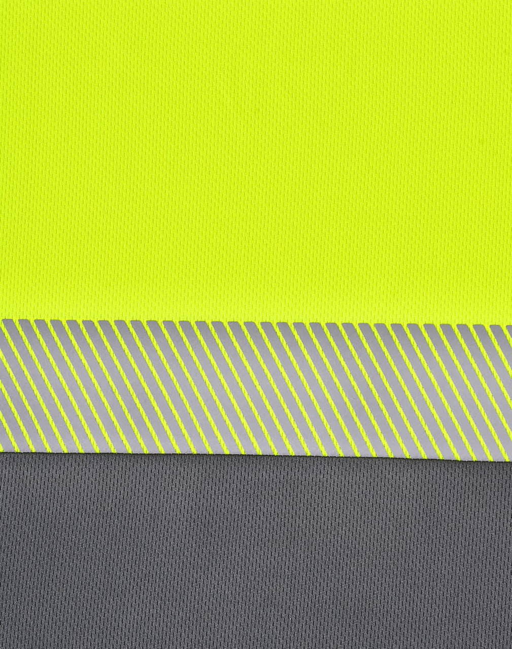 A segmented polo shirt in high-visibility yellow with grey stripes, featuring a textured fabric and a logo.