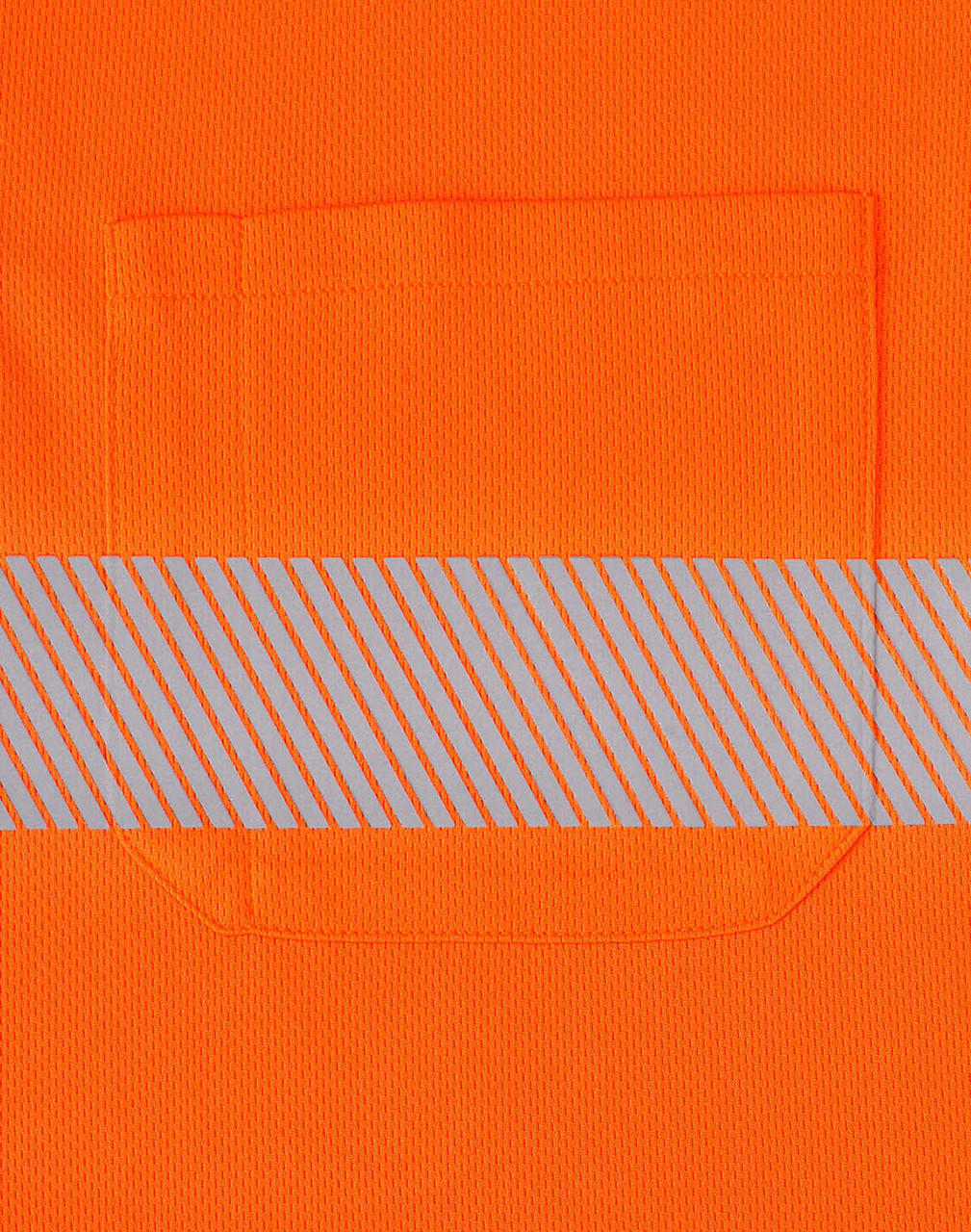 An orange long-sleeve polo shirt featuring a reflective striped band and a pocket.