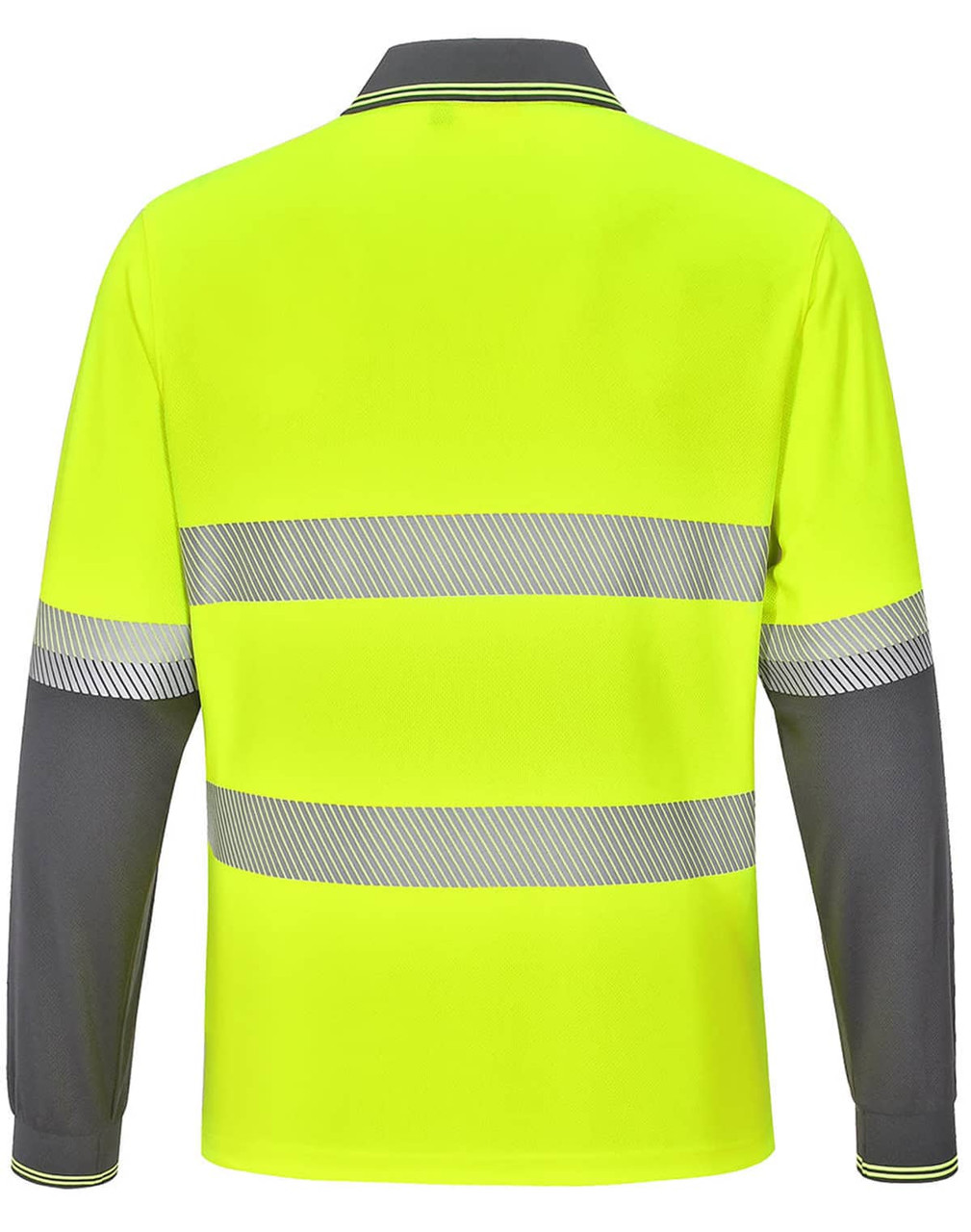 A high-visibility long-sleeve polo in bright yellow with grey accents and reflective stripes, featuring a logo.