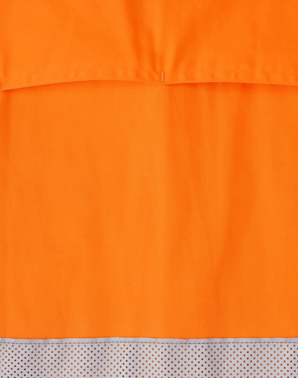 An orange long-sleeve work shirt featuring perforated tape at the bottom hem and a back pocket.