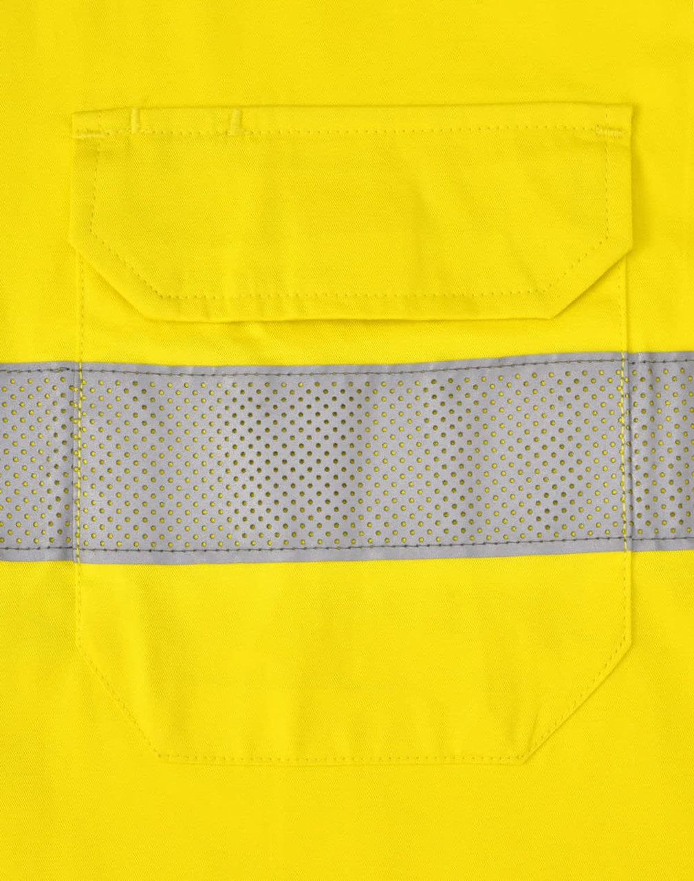 A bright yellow long-sleeve work shirt featuring perforated reflective tape and a back pocket.