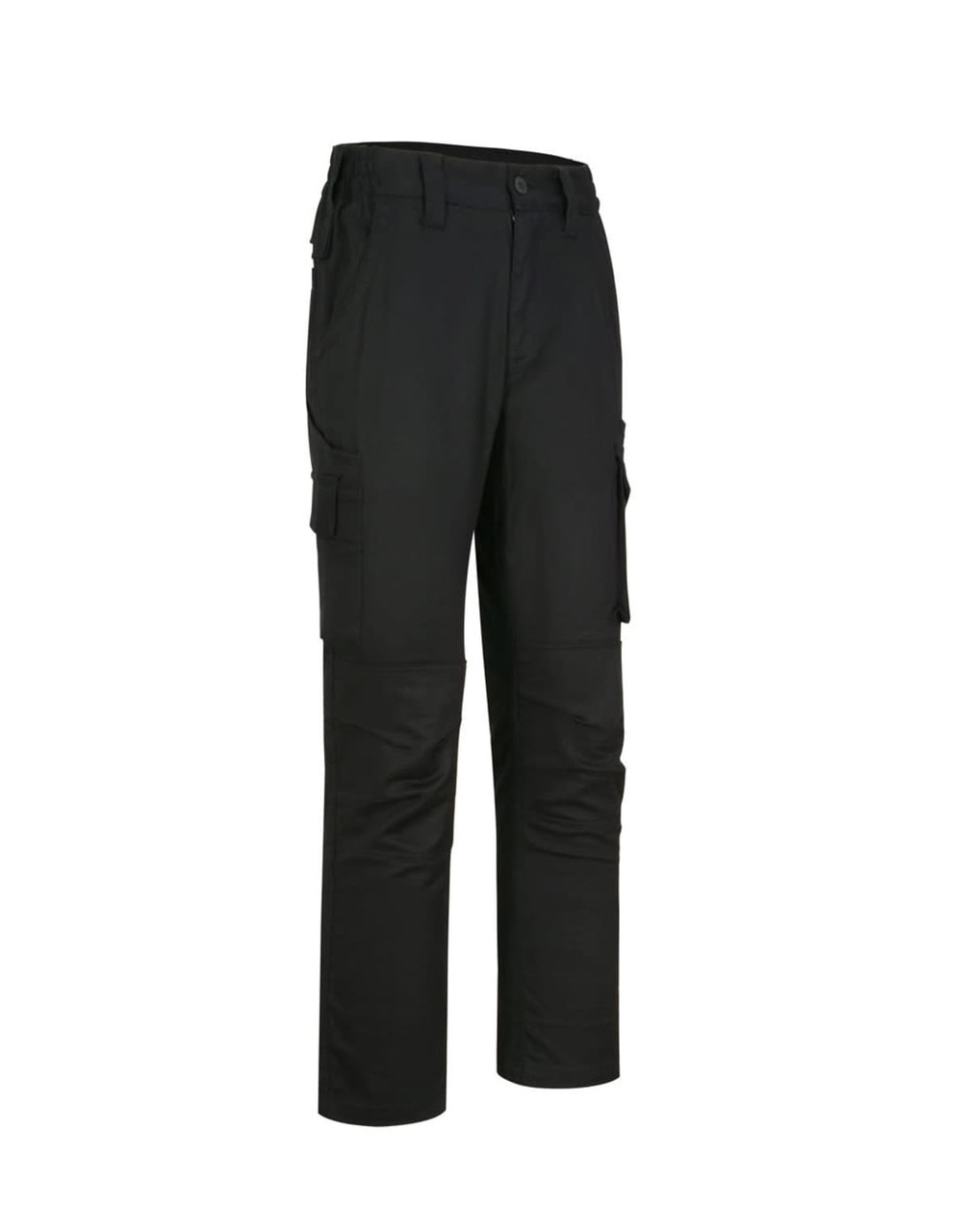 Unisex black cotton stretch ripstop work pants with multiple pockets and a regular fit. Features a waistband with belt loops.