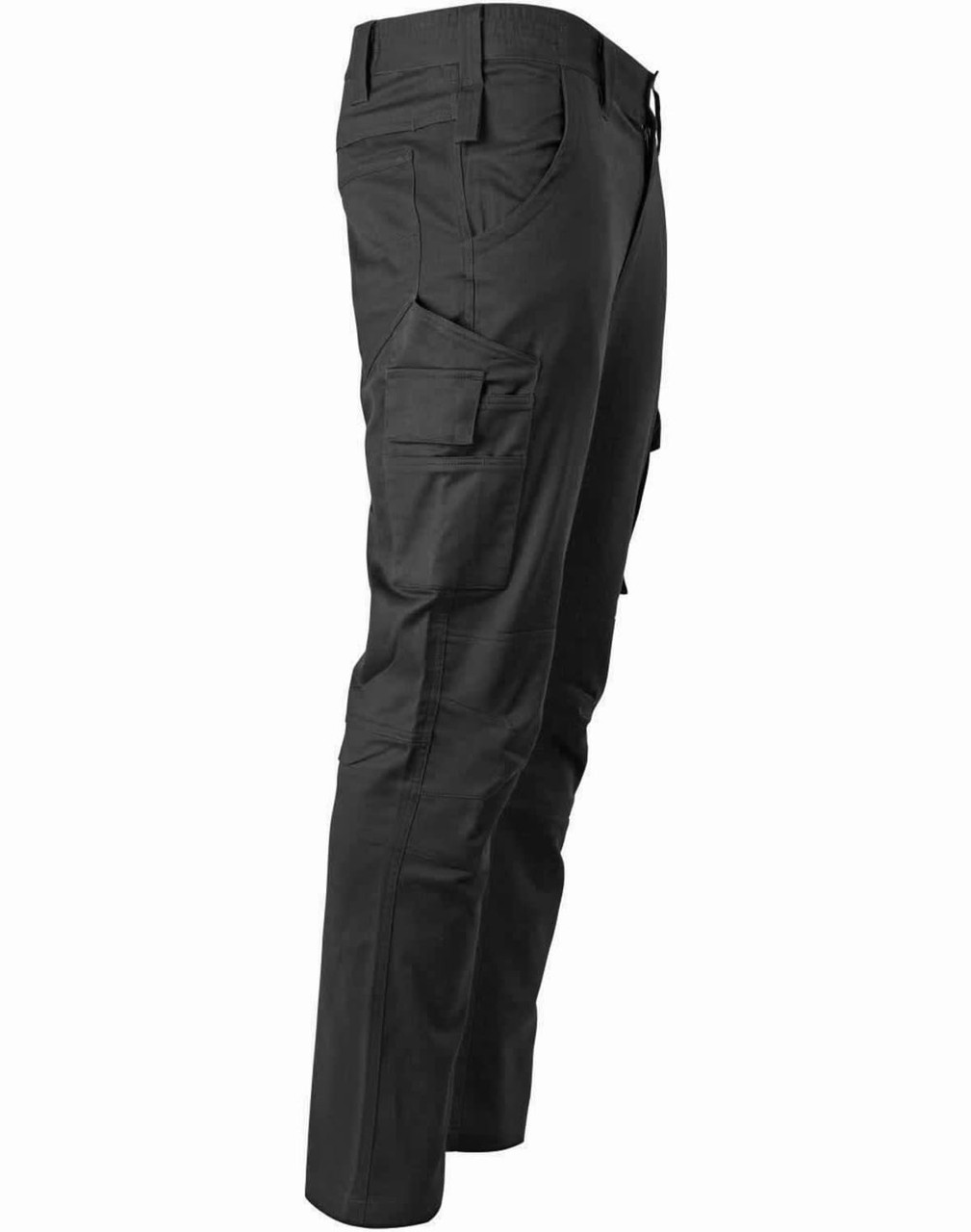 Unisex cotton stretch ripstop work pants in black, featuring multiple pockets and a fitted design.