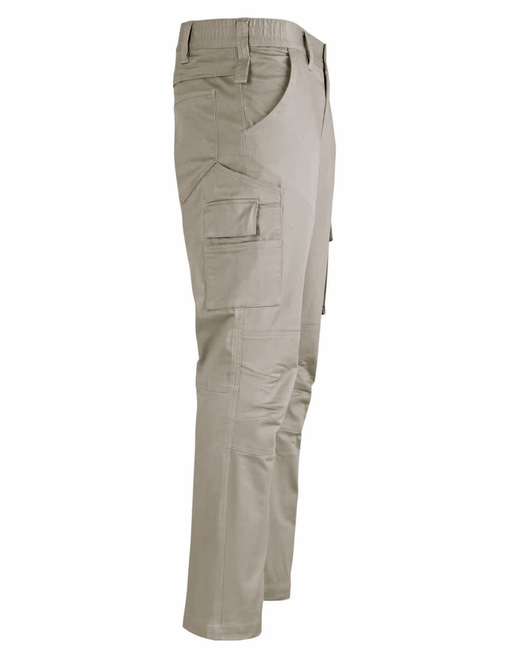 Unisex cotton stretch ripstop work pants in a light tan colour, featuring multiple pockets and a logo.