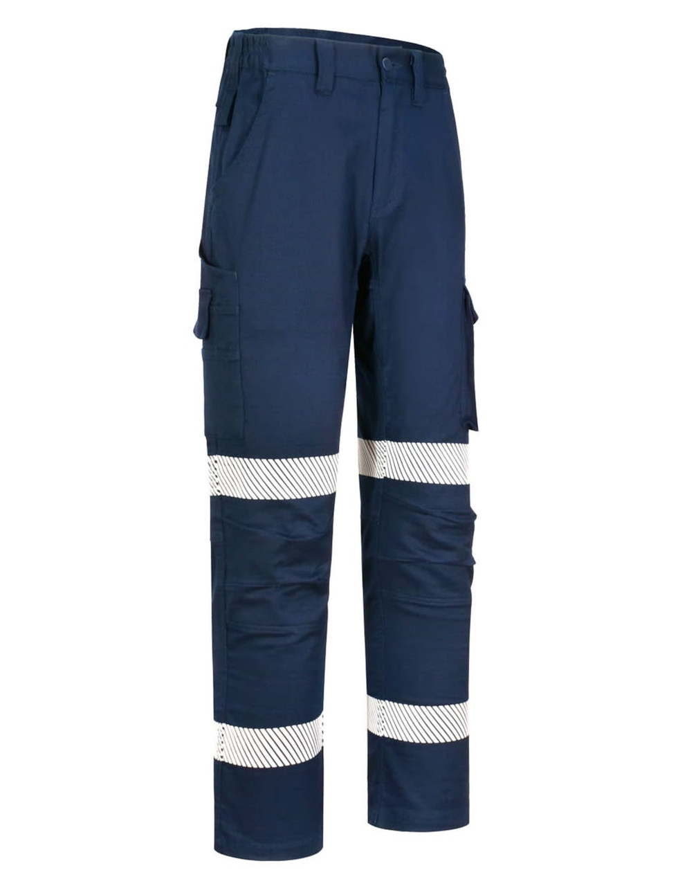 Unisex navy cotton stretch ripstop work pants with segmented reflective strips and multiple pockets.