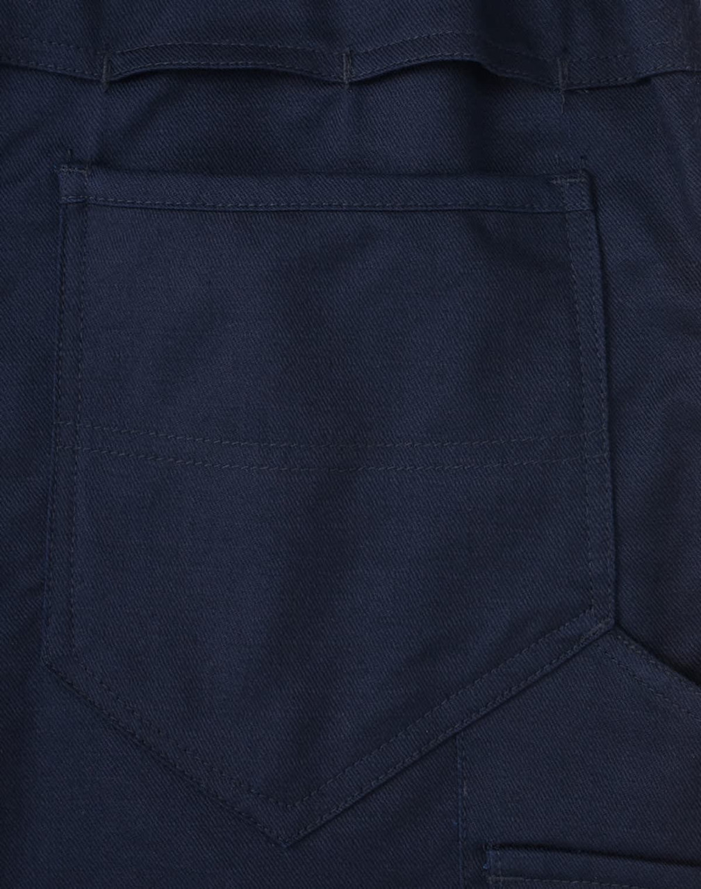 A close-up of navy pants featuring a segmented design and a rear pocket. The fabric has a ripstop texture.