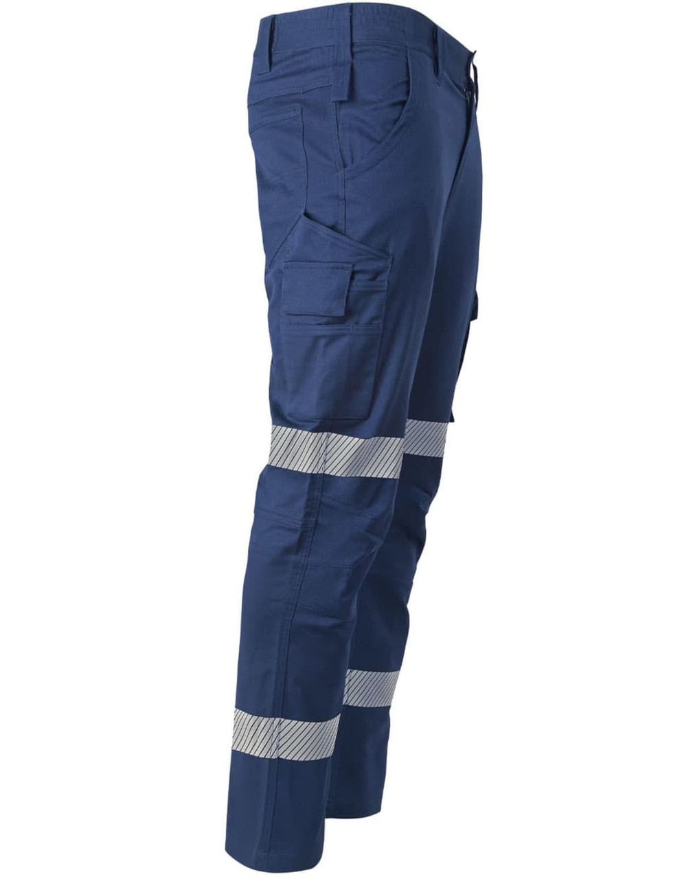 Unisex cotton stretch ripstop segmented work pants in navy blue with reflective stripes. Includes multiple pockets and a logo.