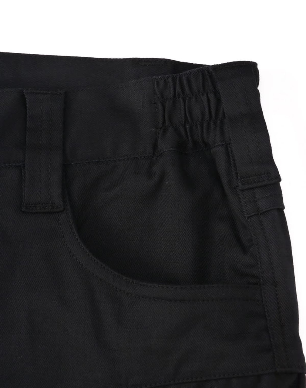 A close-up of black unisex cotton stretch ripstop work shorts, featuring an elastic waistband and pocket detail.