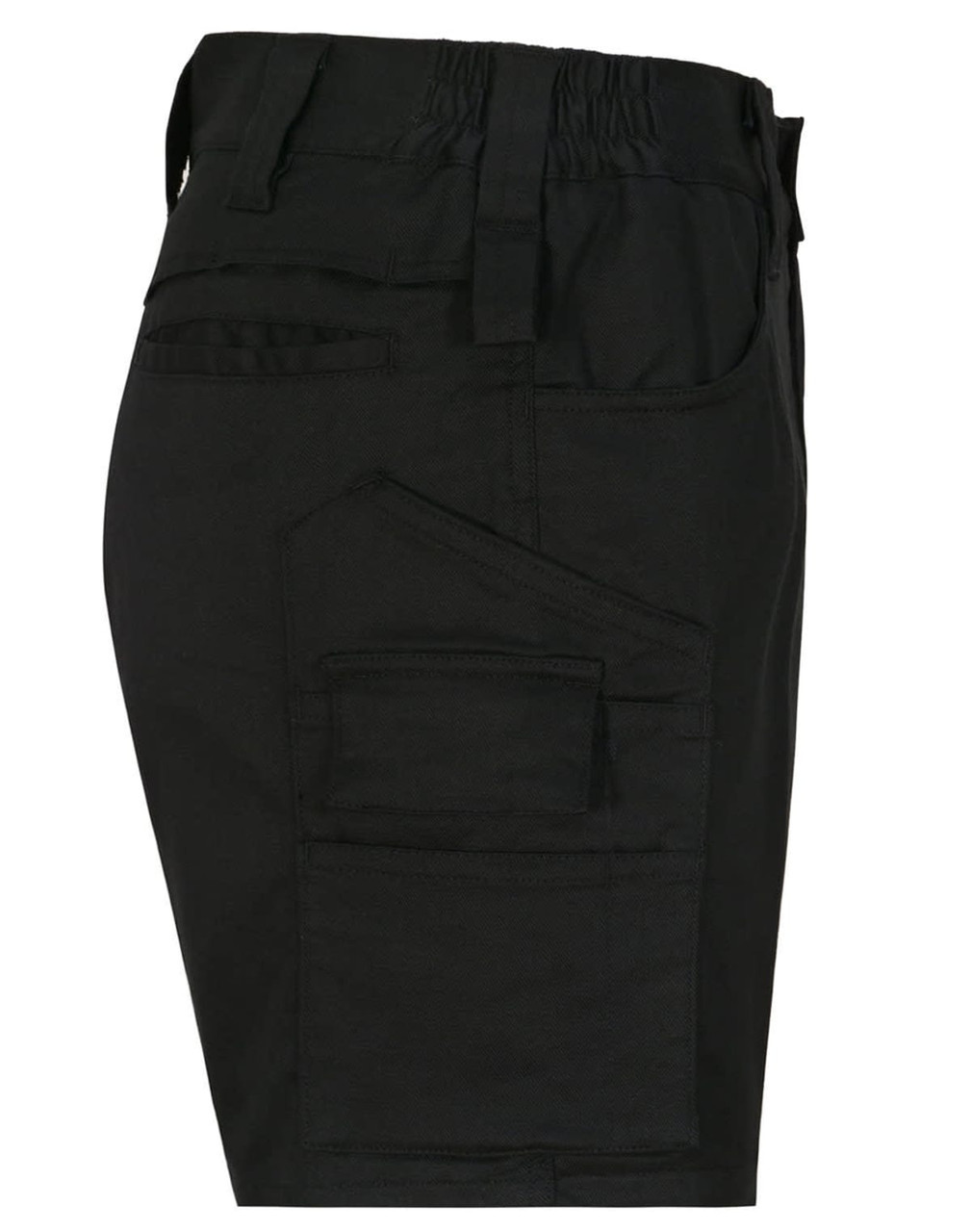 A pair of black unisex cotton stretch ripstop work shorts featuring multiple pockets and an elastic waistband.