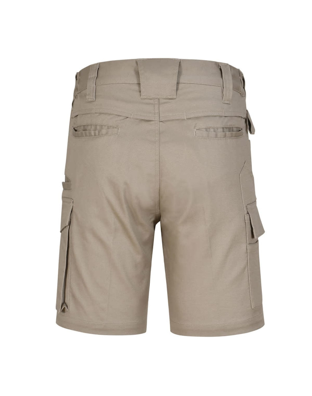 Beige unisex cotton stretch ripstop work shorts with cargo pockets and a logo on the back.