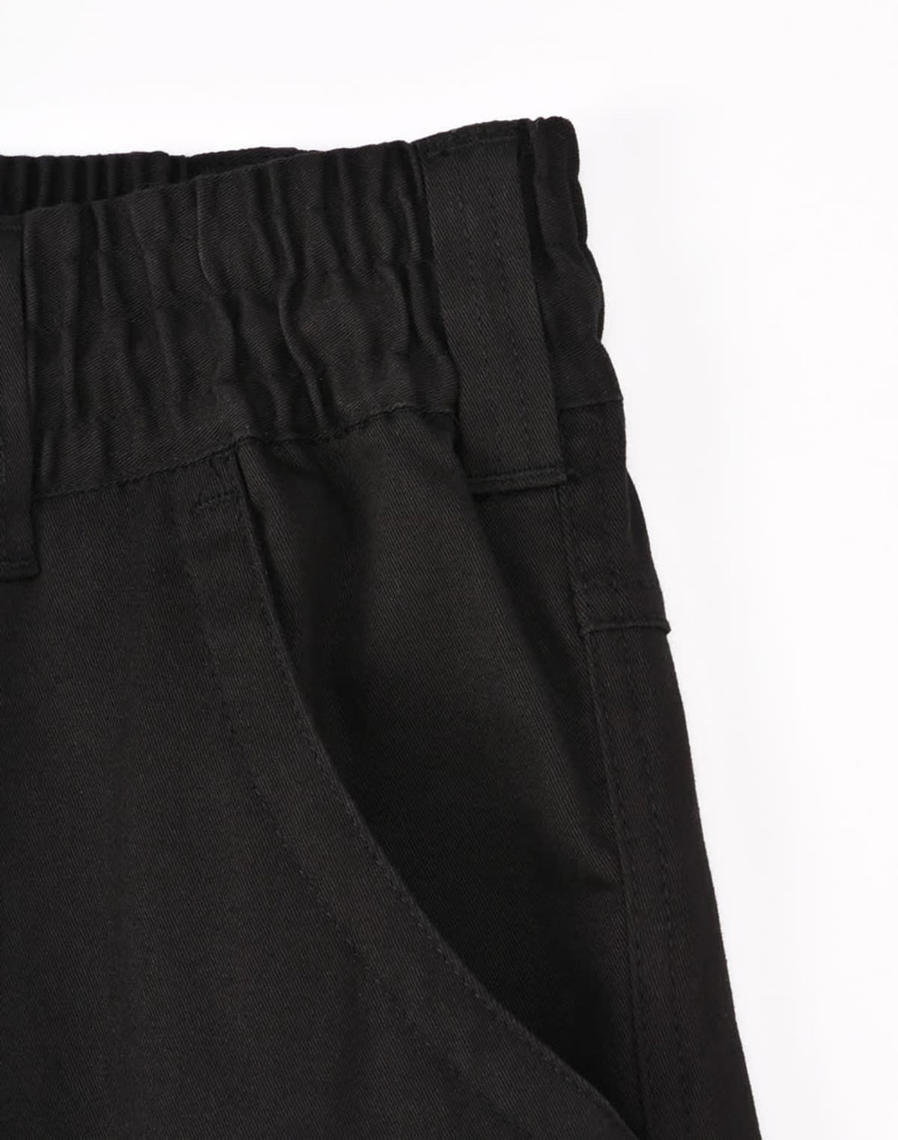 A pair of black unisex cotton stretch drill work pants featuring a cuffed design and an elasticated waistband.