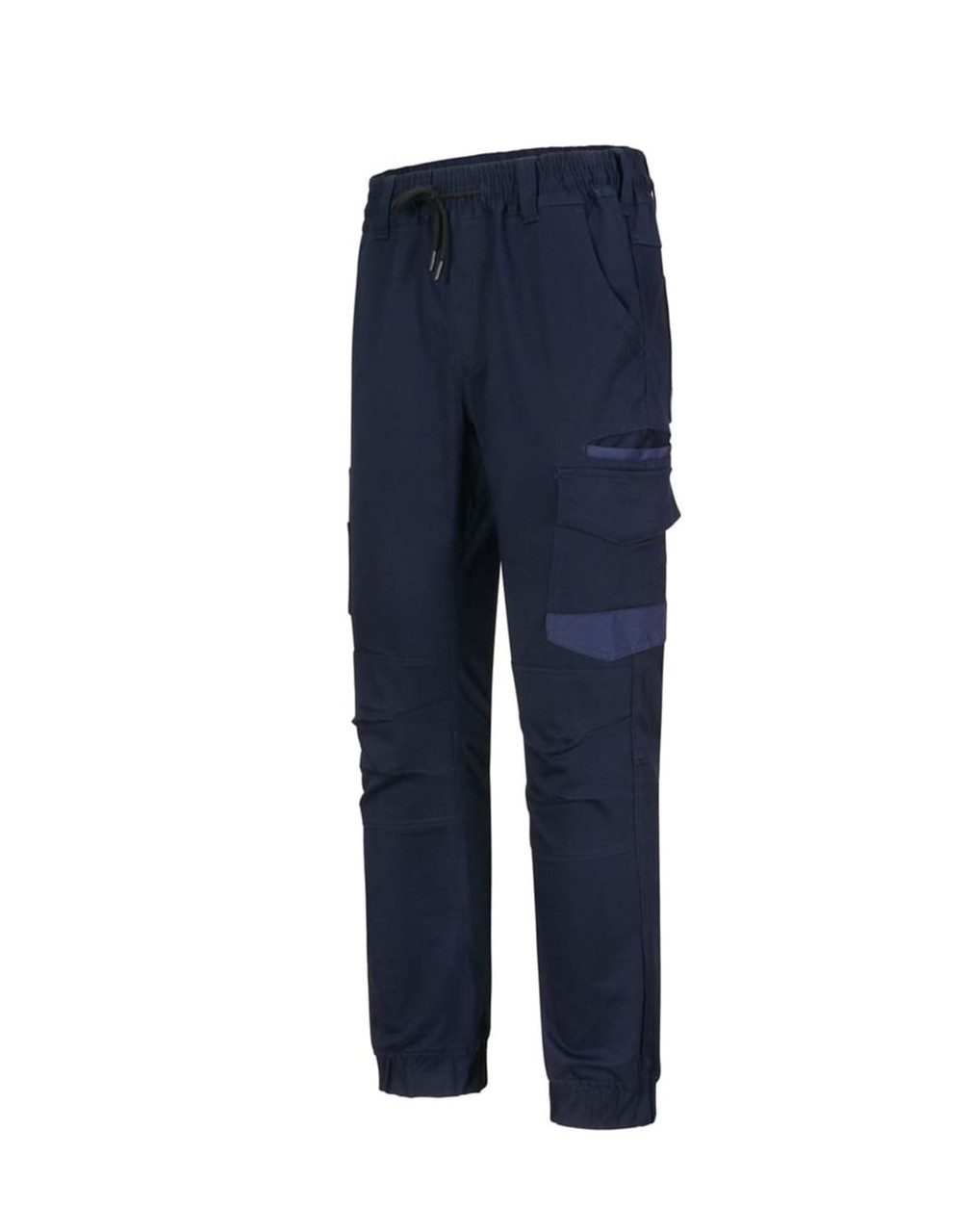 Unisex cotton stretch drill cuffed work pants in navy blue with pockets and a drawstring waistband.