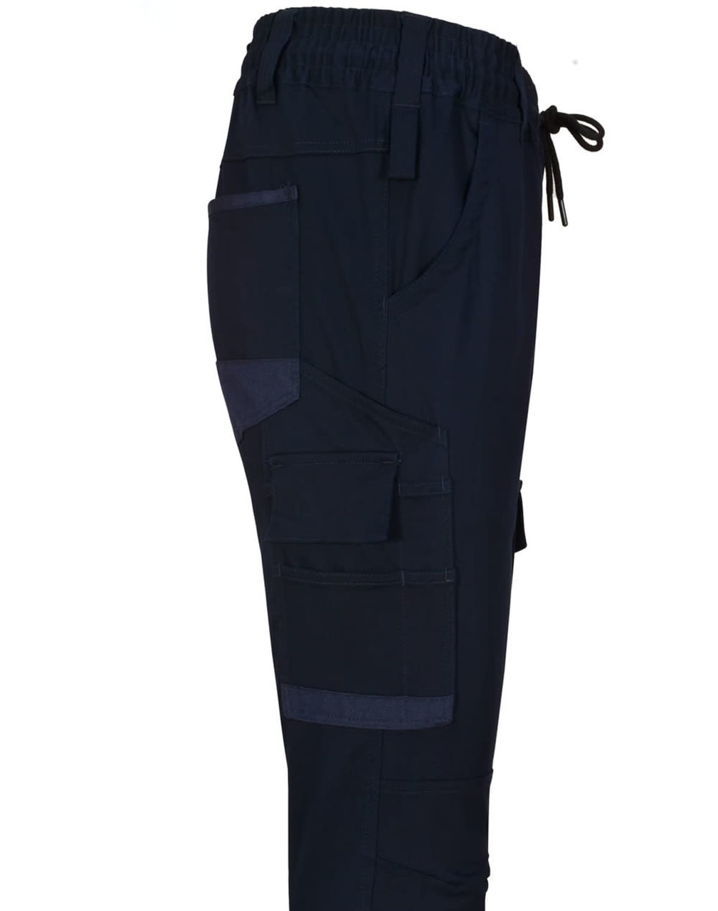 Navy blue unisex cotton stretch drill work pants with cuffed legs and several pockets. Features an elastic waistband and drawstring.