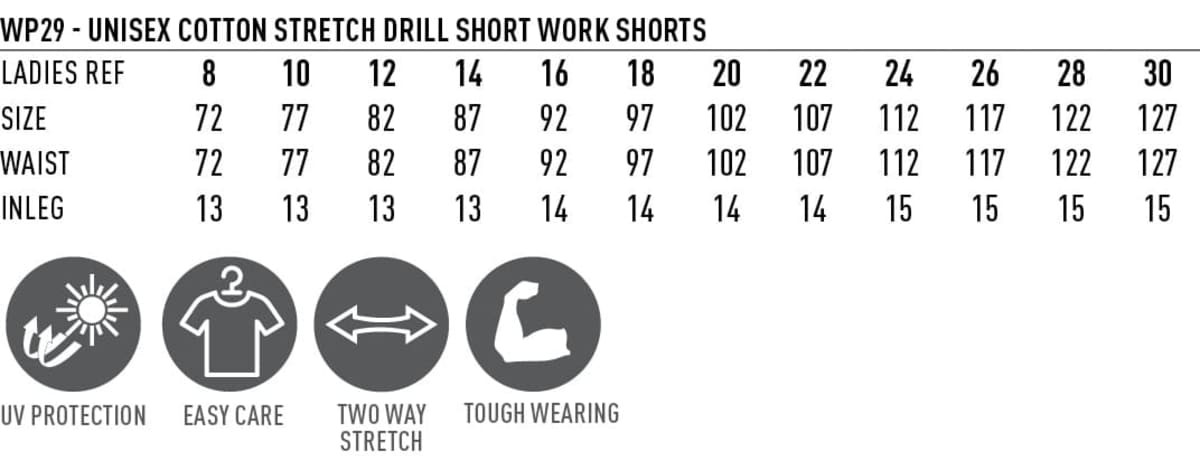 Unisex cotton stretch drill work shorts in various sizes, featuring a logo and offering UV protection and two-way stretch.