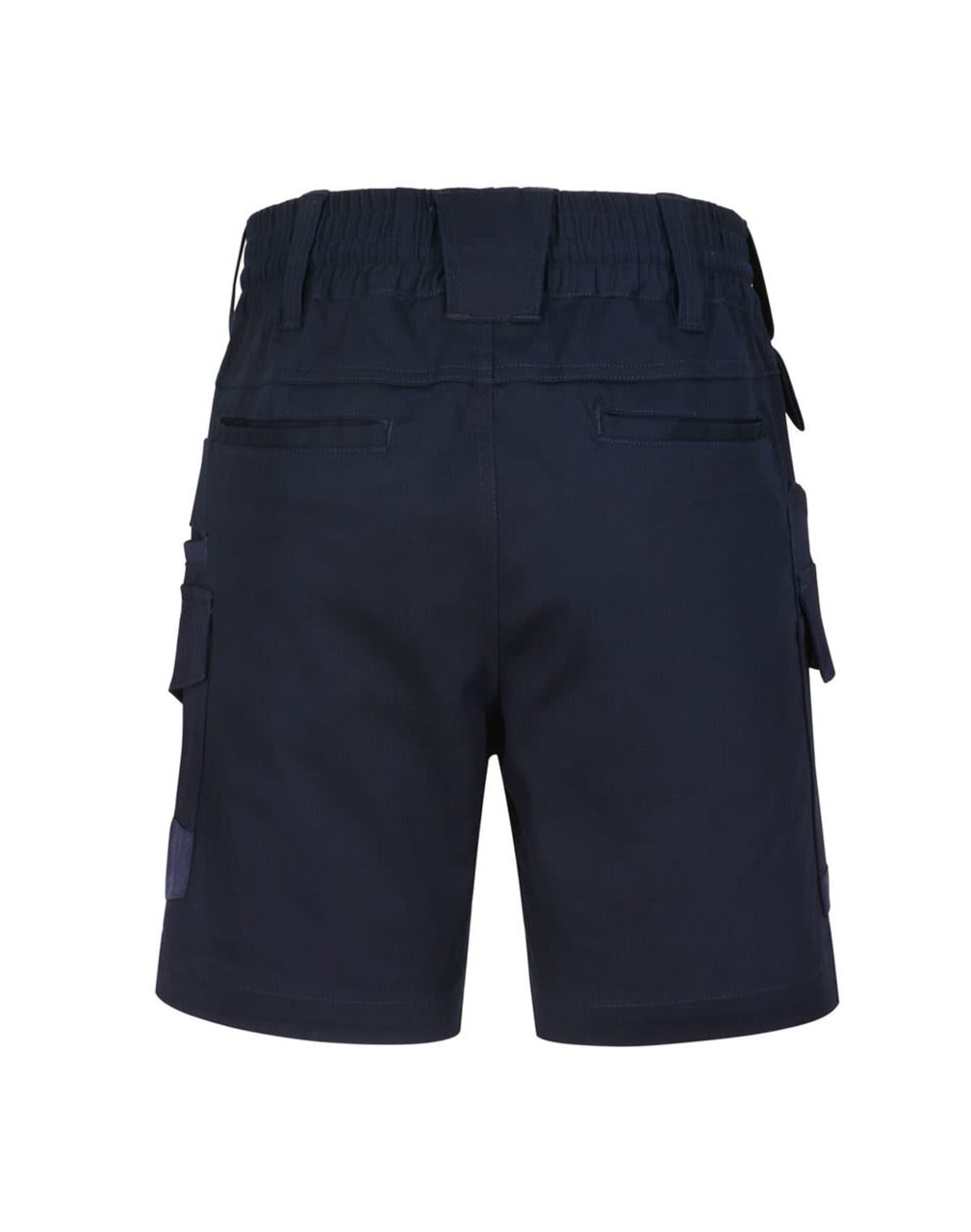 Unisex cotton stretch drill work shorts in navy, featuring multiple pockets and an elastic waistband.