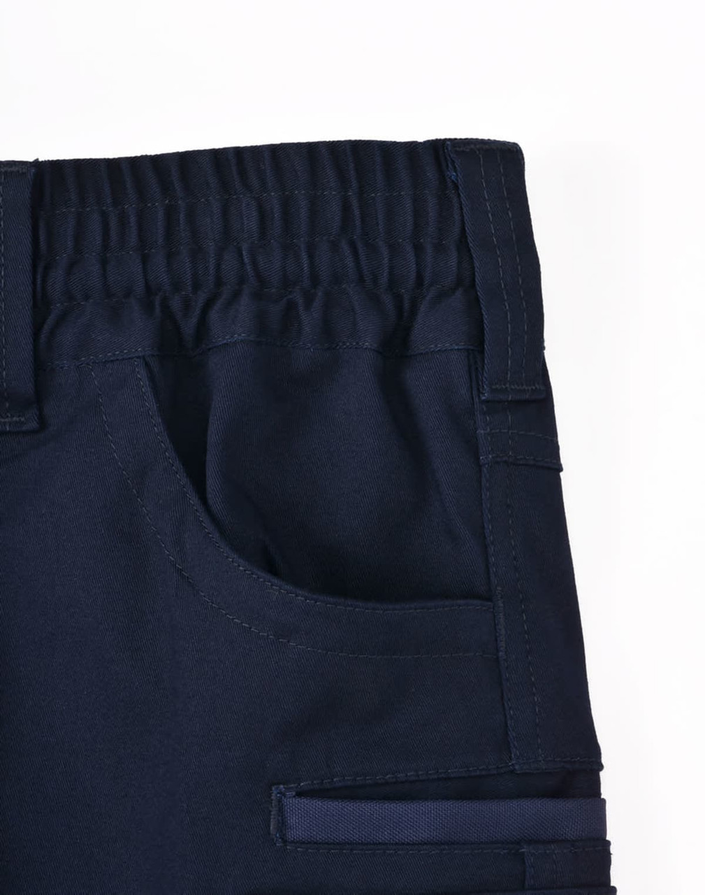 Navy unisex cotton stretch drill work shorts featuring an elastic waistband and side pockets, with a logo.