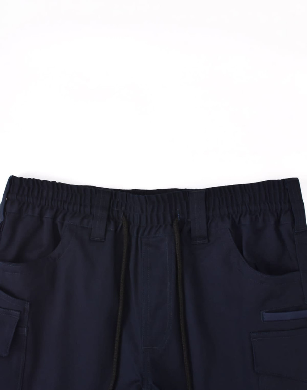 Navy unisex cotton stretch drill work shorts with an elastic waistband and multiple pockets. Features a logo.
