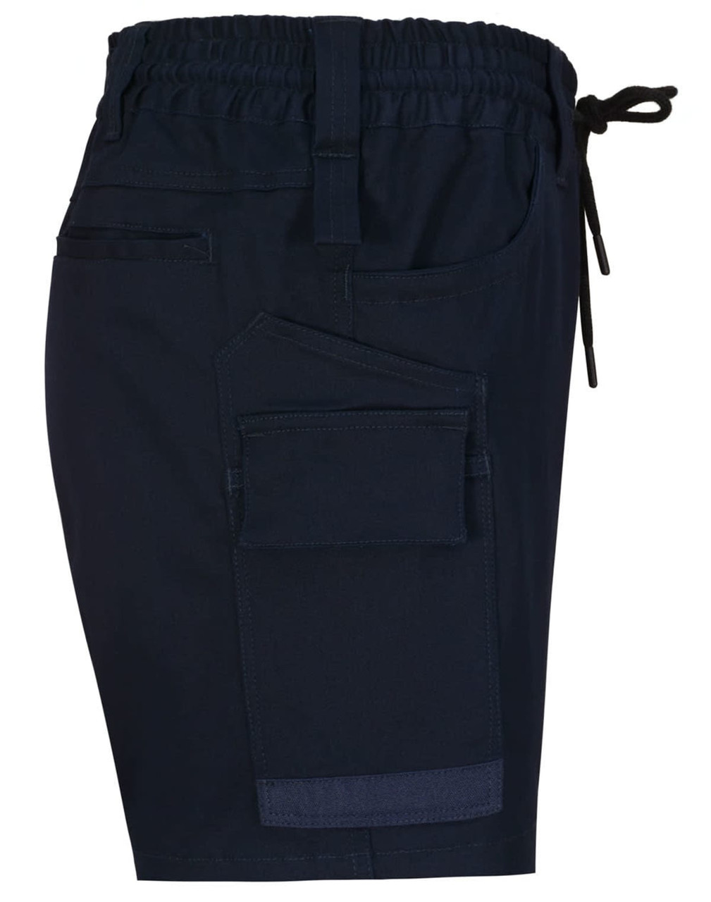 Unisex cotton stretch drill work shorts in navy, featuring an elastic waistband and side pocket.