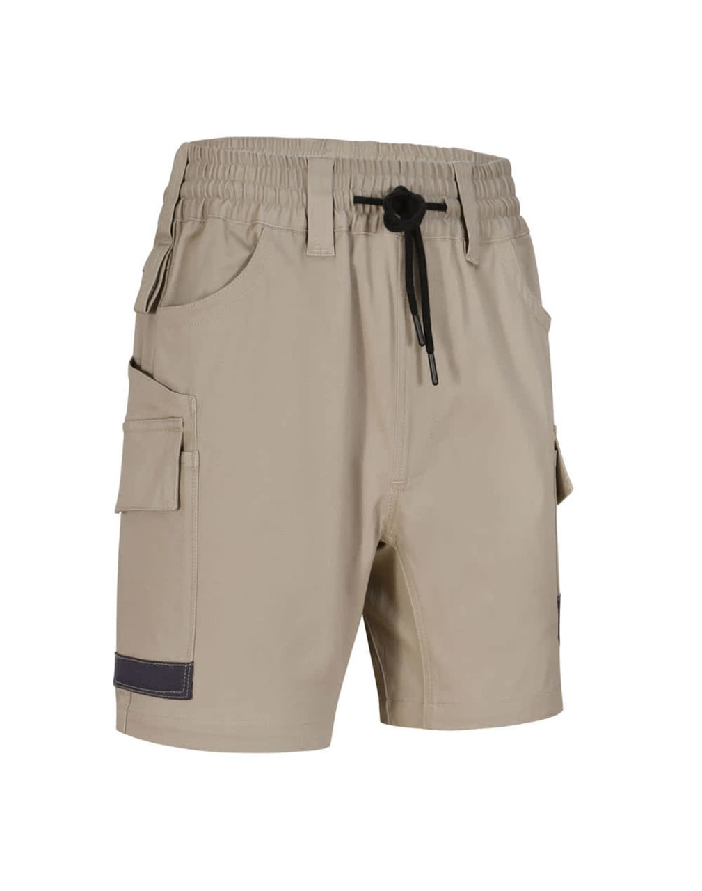 Unisex cotton stretch drill shorts in beige with pockets and an elastic waistband. Features branding.