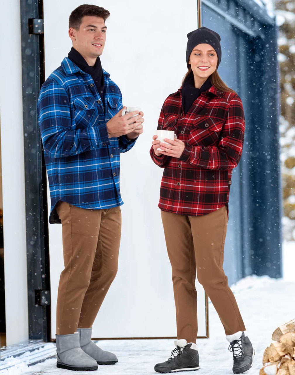 A blue and black checked flannel shirt on a man, and a red and black checked flannel shirt on a woman, both outdoors in winter.
