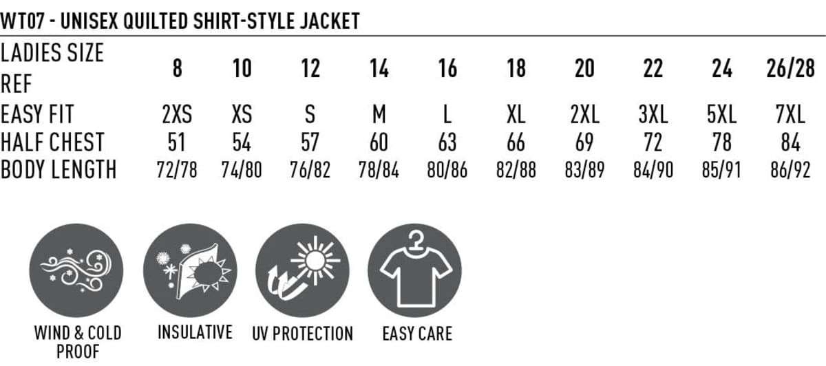 A unisex quilted flannel shirt-style jacket in various sizes, showcasing a windproof and insulative design.