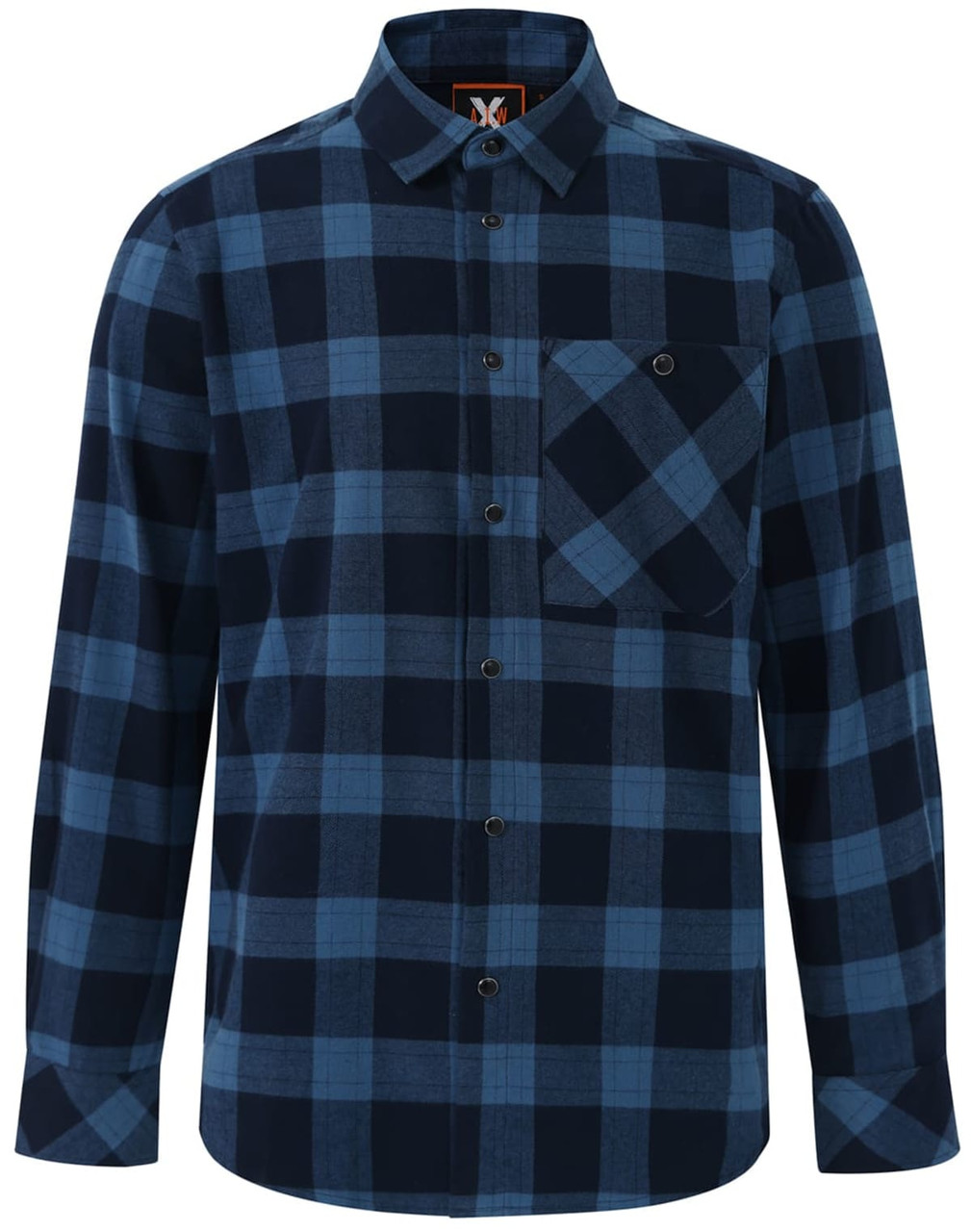 A unisex button-up flannel shirt in navy and light blue plaid, featuring a chest pocket and a logo.