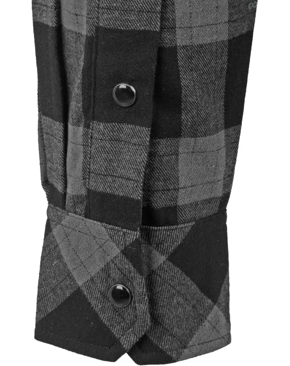 A black and grey checkered flannel shirt featuring a buttoned cuff and a logo.