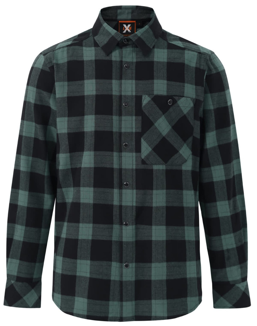 A unisex flannel plaid shirt in black and teal with a button-up front and a single chest pocket.