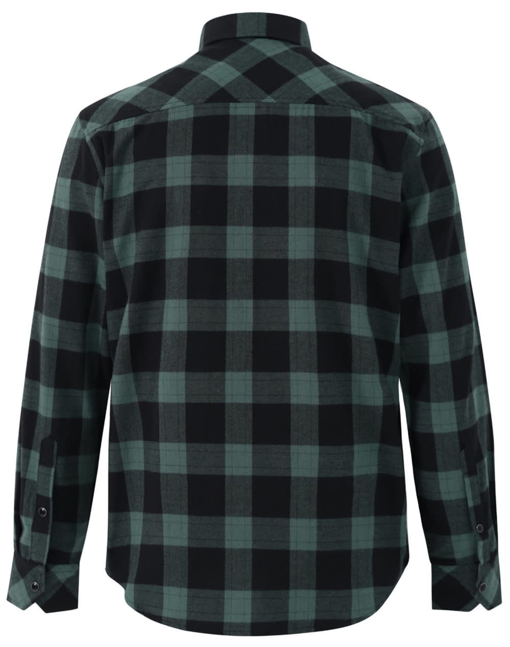 A unisex flannel shirt in black and dark green plaid with long sleeves and a button-up design.