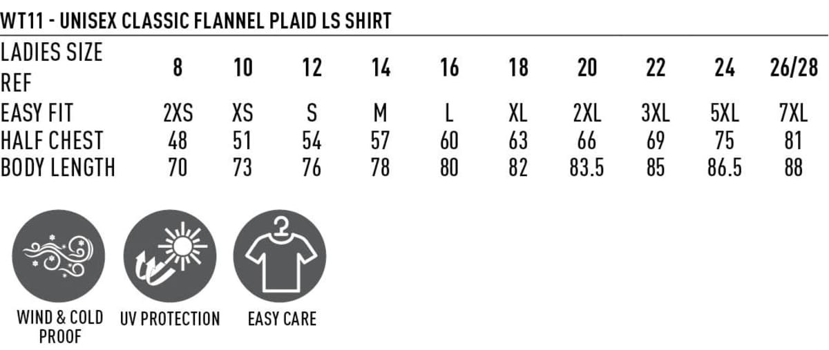 A unisex flannel plaid shirt in various sizes, featuring measurements for half chest and body length. 