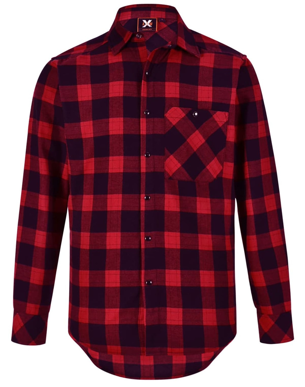A unisex flannel plaid shirt in red and navy, featuring a button-up design and a single chest pocket.