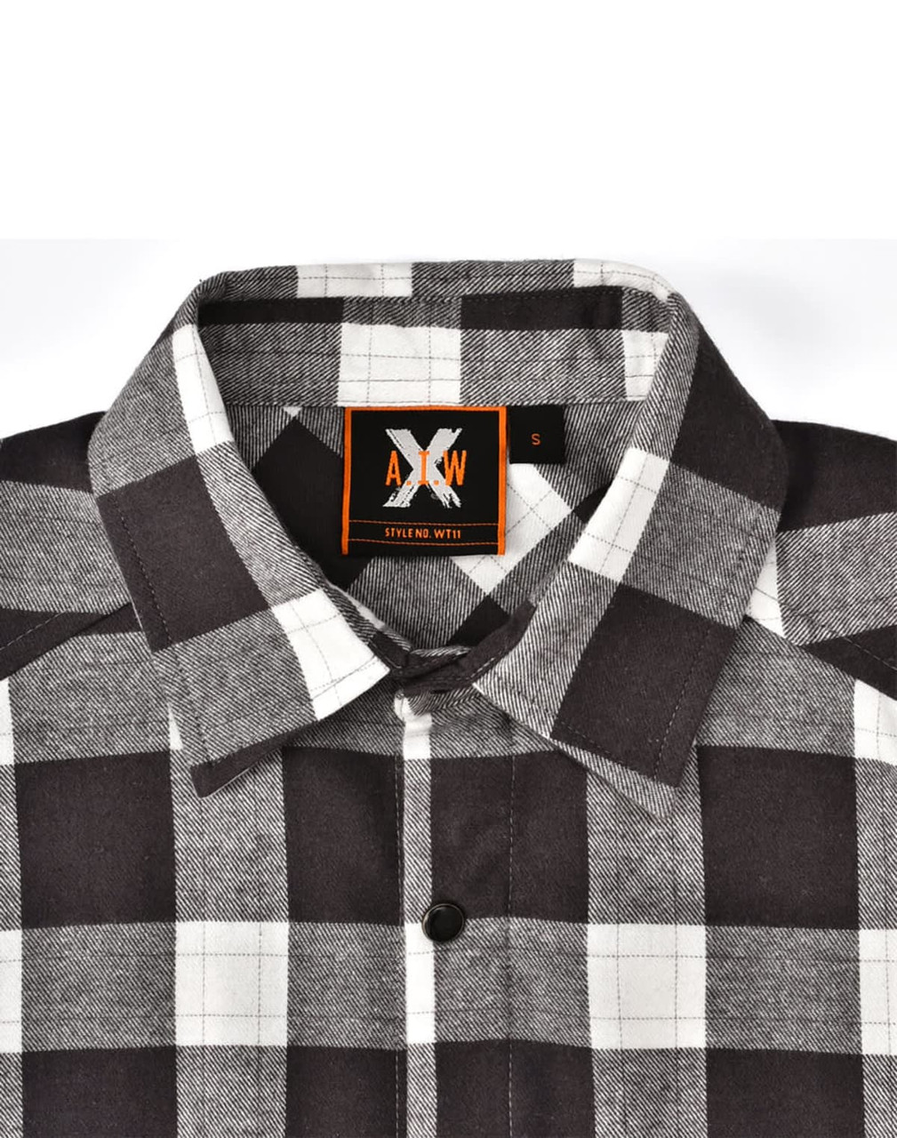 A black and white flannel plaid button-up shirt featuring a collar and a logo on the label.
