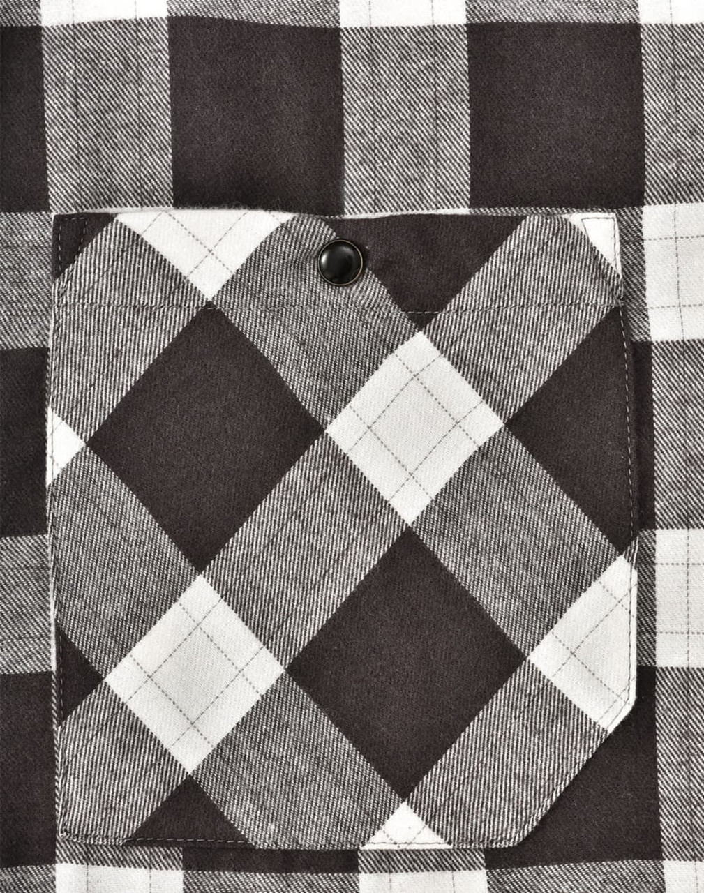 A black and white checked flannel plaid shirt featuring a chest pocket with a button. The fabric has a soft texture.
