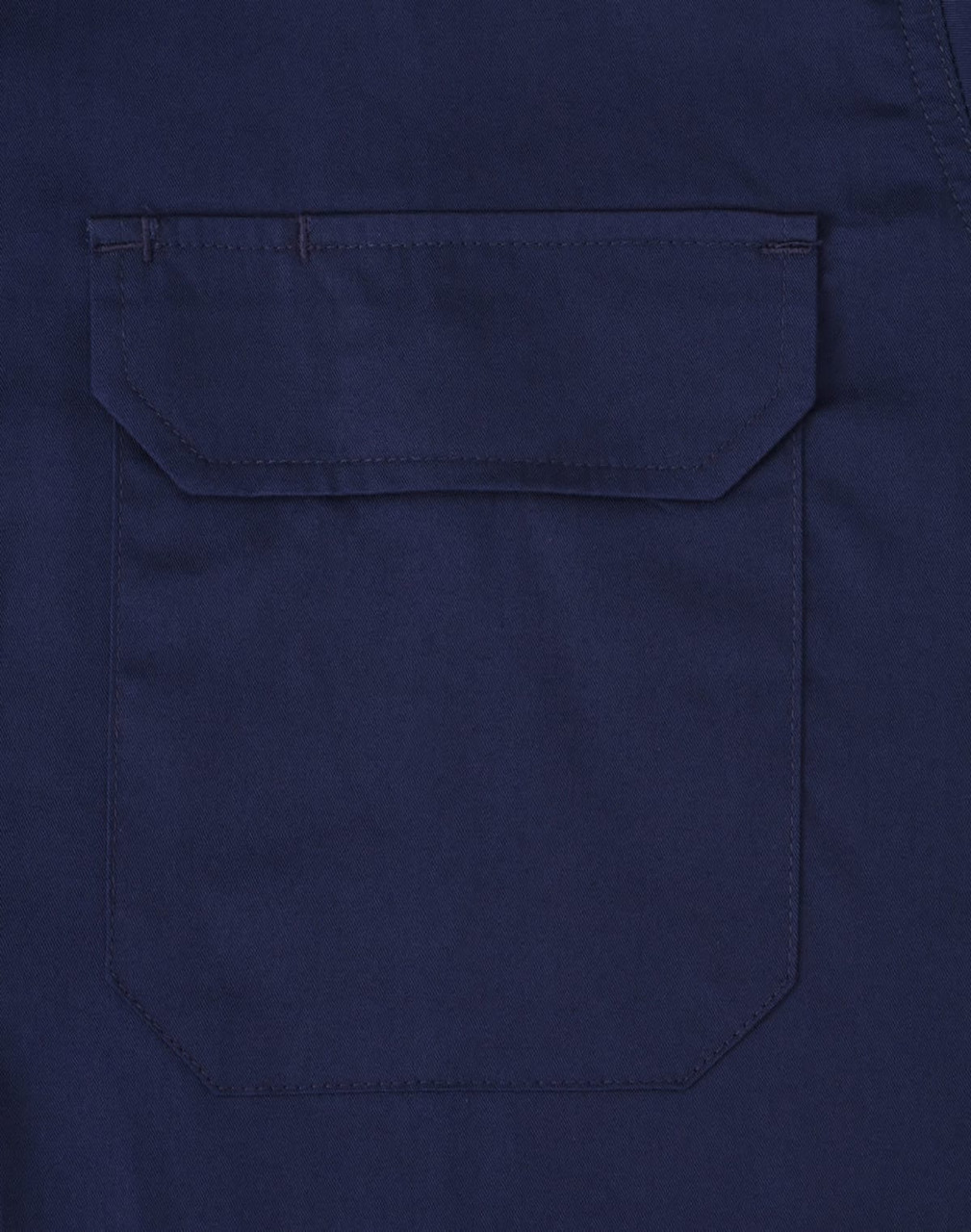 A navy long-sleeve work shirt featuring a closed front and a pocket on the back. The shirt has a branding logo.