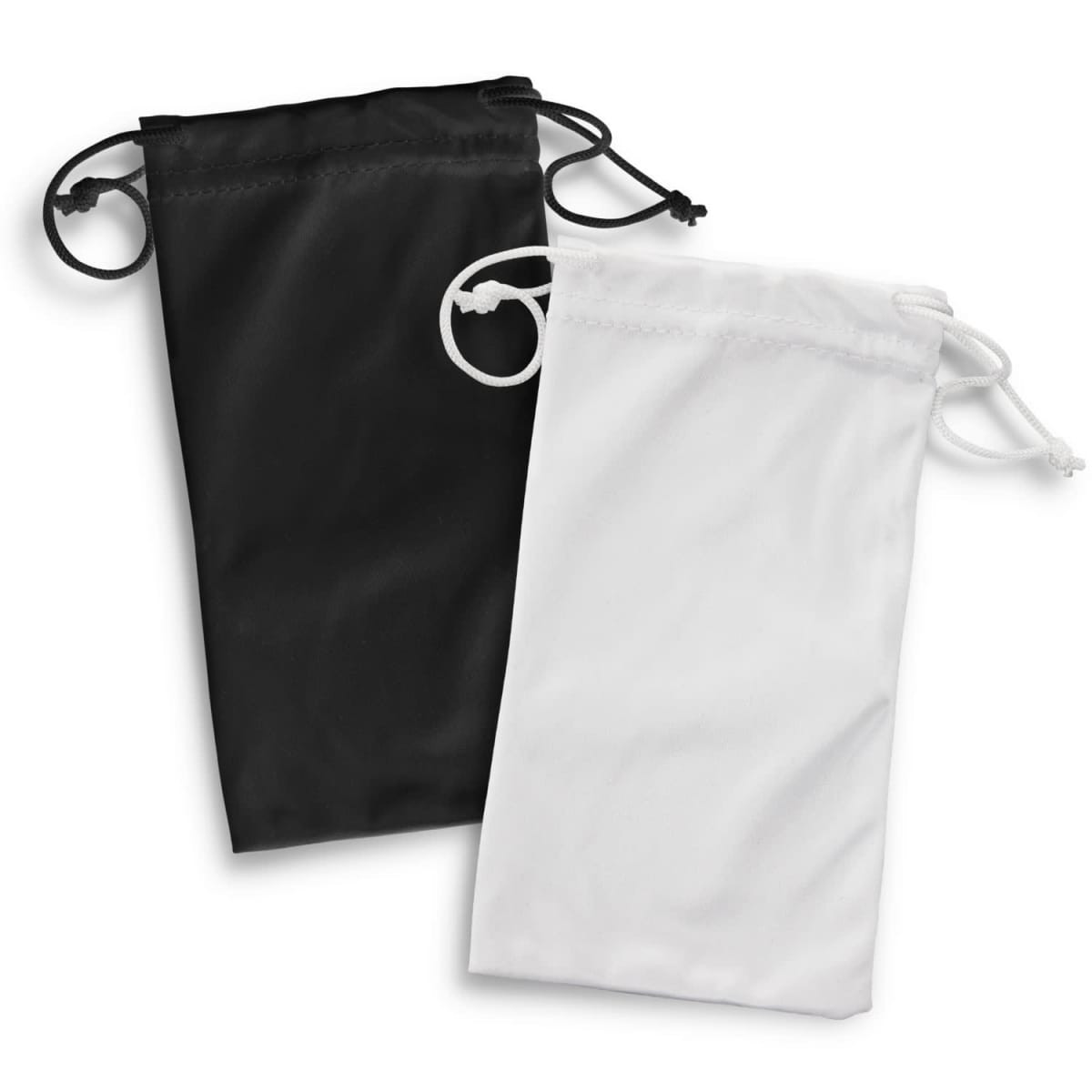 Two drawstring pouches, one black and one white, designed for storing sunglasses or accessories.
