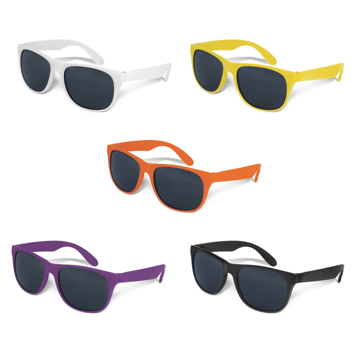 Five pairs of sunglasses in white, yellow, orange, purple, and black, each with dark lenses, displayed together.