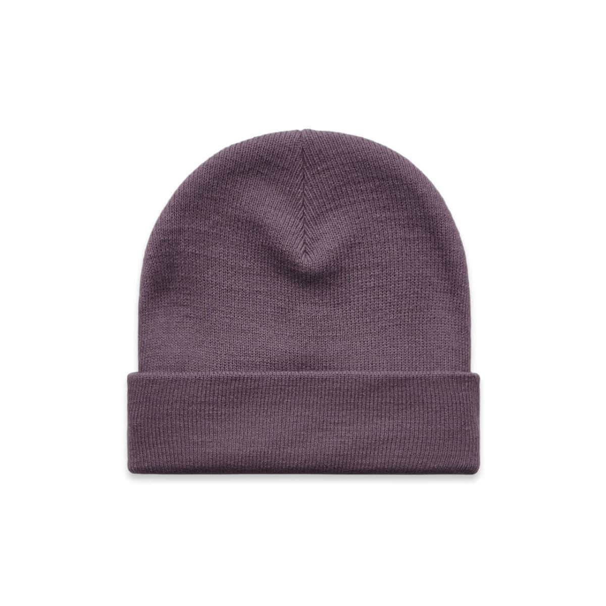 A purple cuff beanie featuring a snug fit and a rolled brim. It has a simple design with no visible logos.
