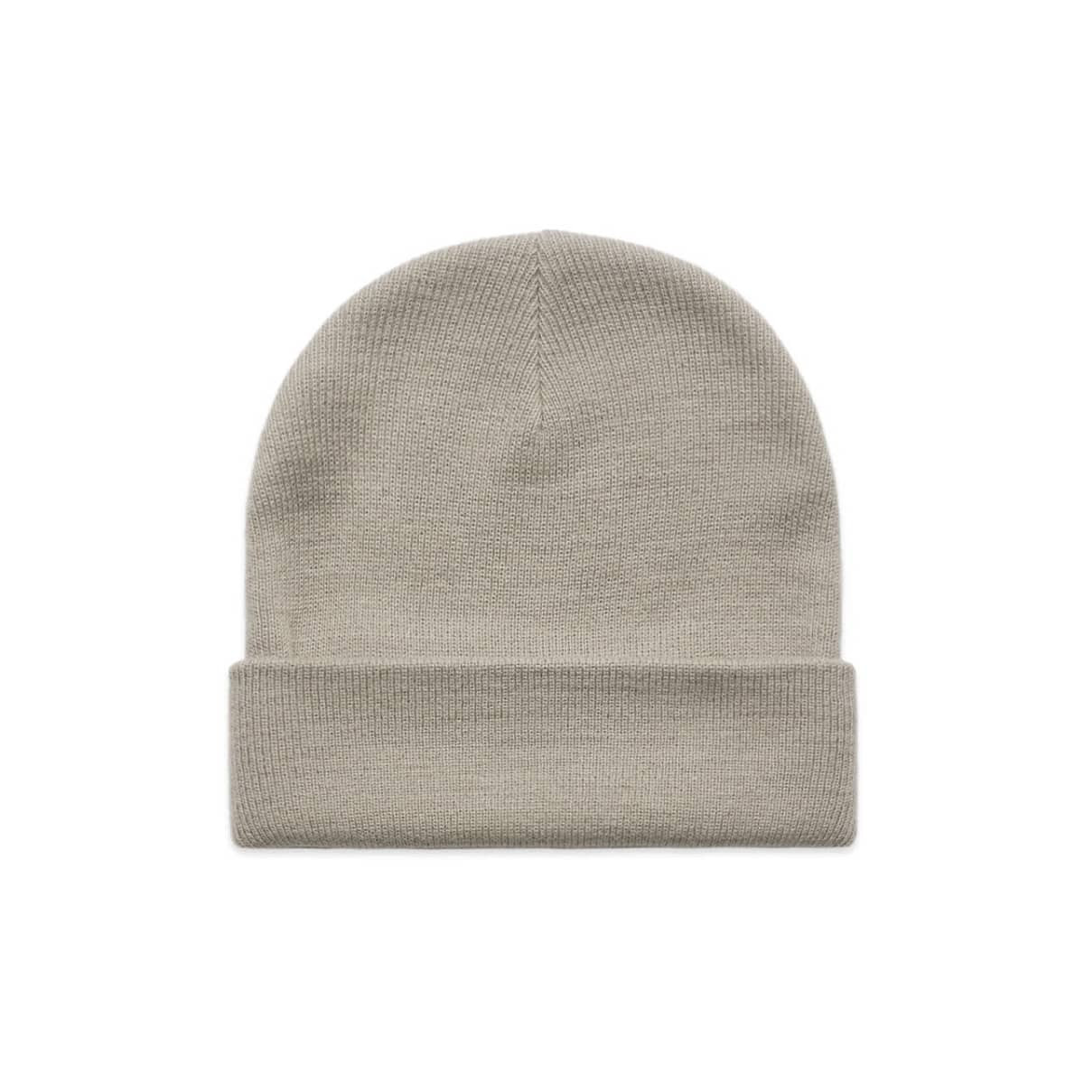 A grey cuff beanie with a folded brim, featuring a branded logo.