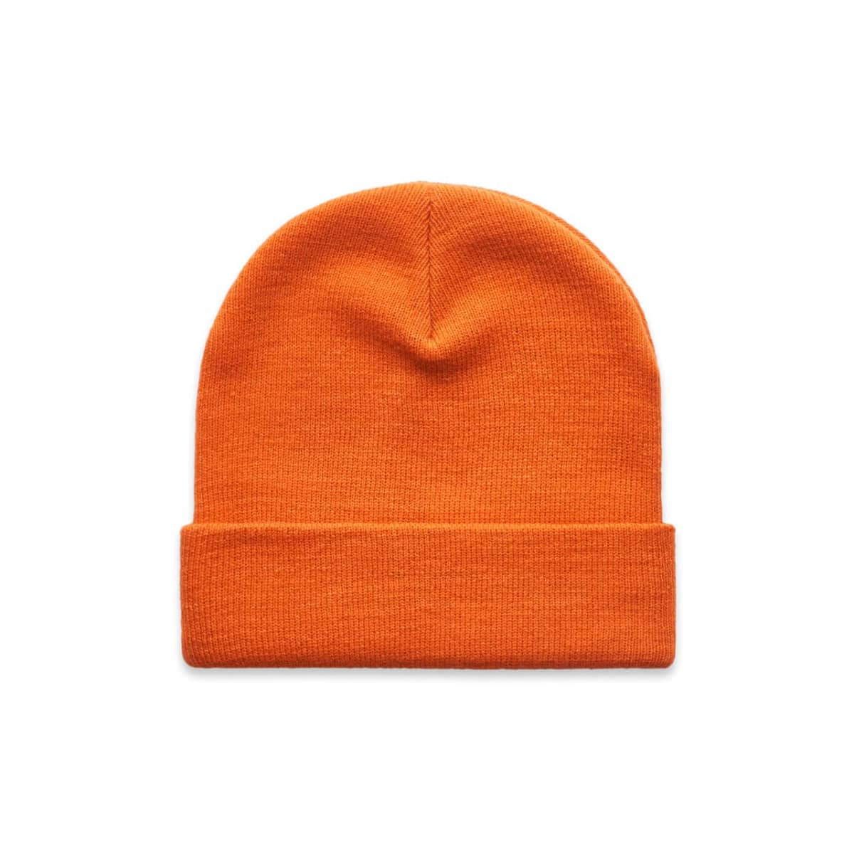 An orange cuff beanie with a smooth texture and a folded hem, featuring a branding logo.
