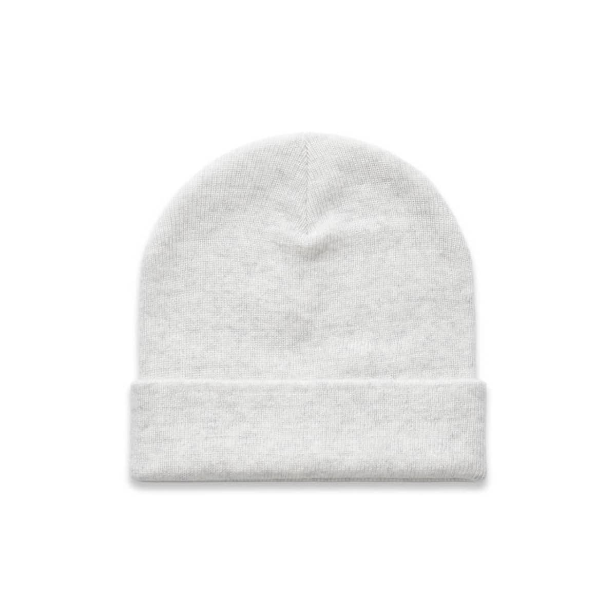 A white cuff beanie with a fold-over edge, featuring a logo. Suitable for casual headwear.