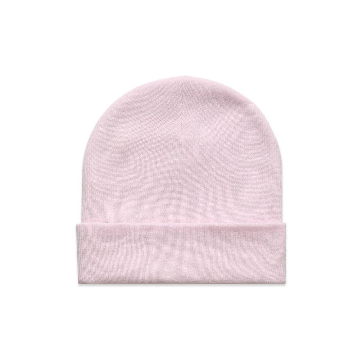 A light pink cuff beanie with a folded brim and a subtle logo.