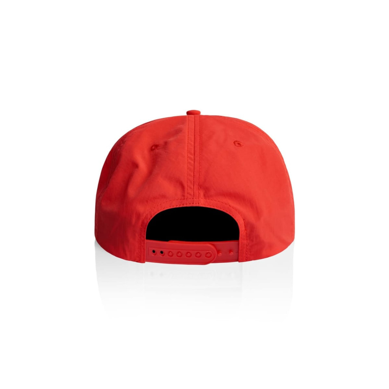 A red cap with an adjustable strap at the back, featuring a logo on the rear. A red cap with an adjustable strap at the back, featuring a logo on the rear.