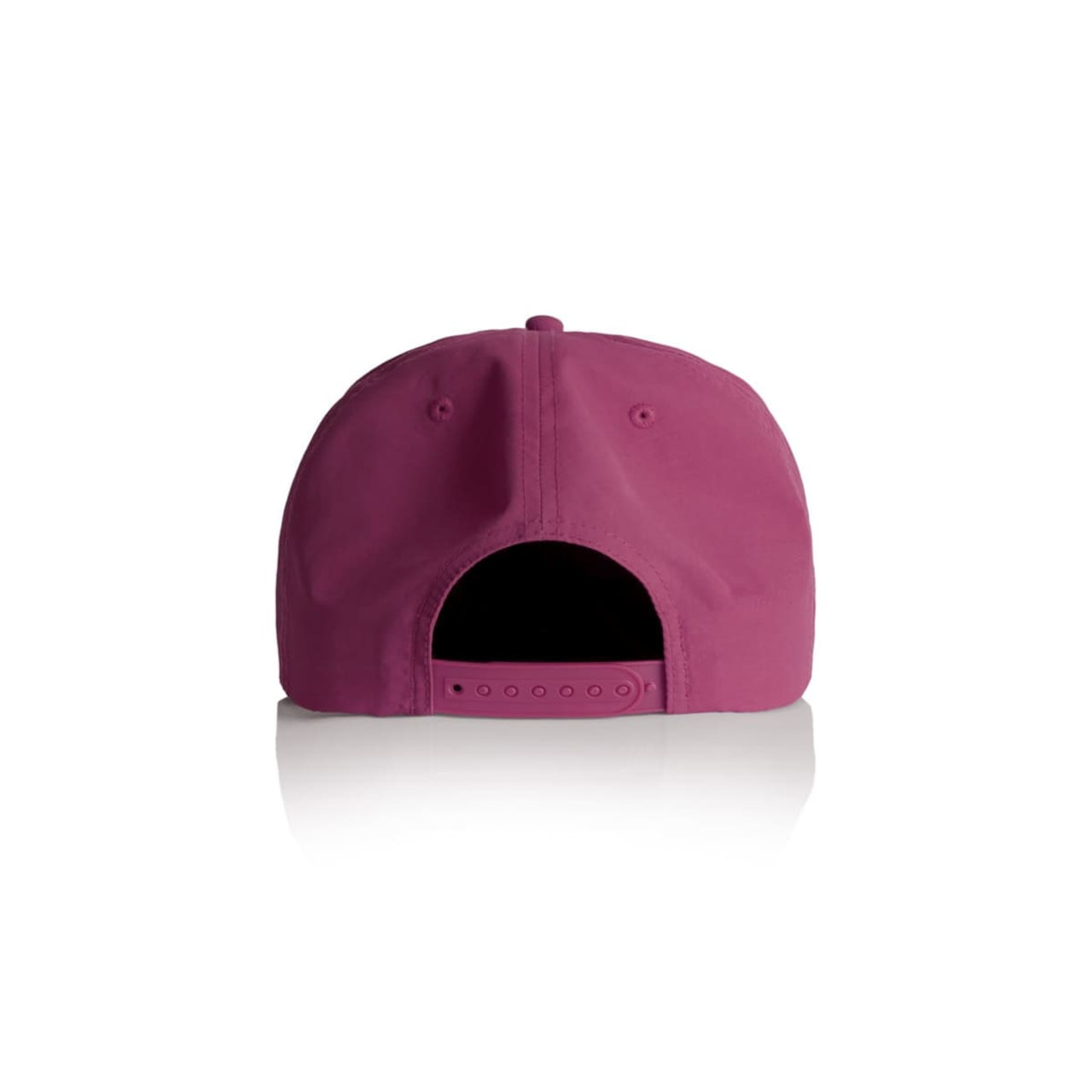 A pink cap with an adjustable strap at the back and a logo. The interior is black. A pink cap with an adjustable strap at the back and a logo. The interior is black.