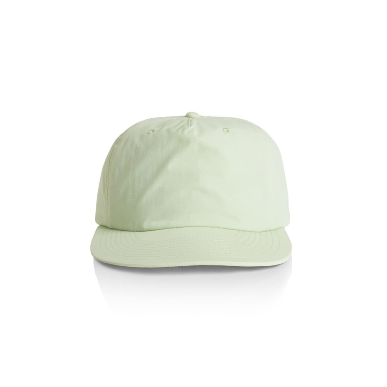 A light green cap with a rounded crown and a stiff brim, featuring a logo on the front. A light green cap with a rounded crown and a stiff brim, featuring a logo on the front.
