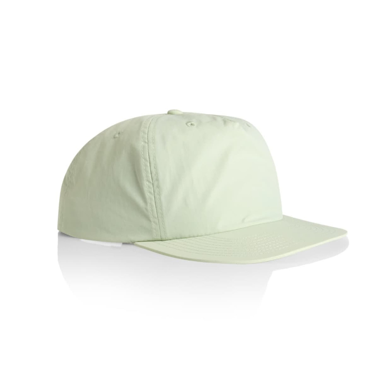 A light green cap with a flat brim and a logo on the side, designed for headwear and sun protection. A light green cap with a flat brim and a logo on the side, designed for headwear and sun protection.