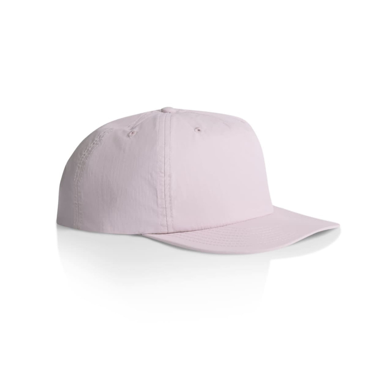 A light pink cap with a curved brim and a logo on the side, designed for headwear. A light pink cap with a curved brim and a logo on the side, designed for headwear.